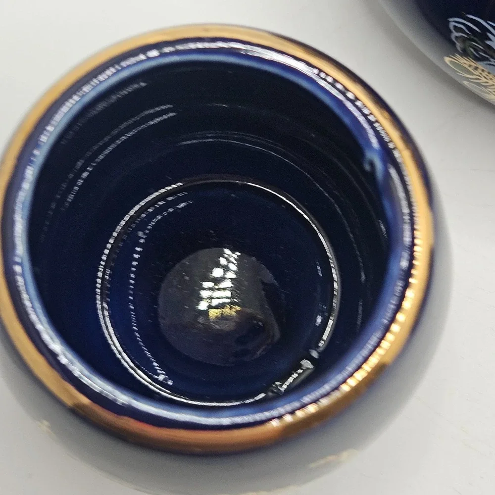 Vintage Cobalt Blue Peacock Tea Set Teapot & 2 Cups Gold Floral